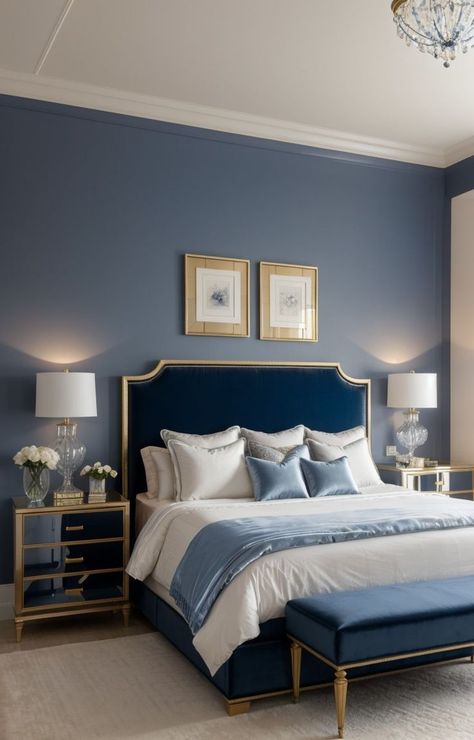 "Transform your bedroom into a cozy sanctuary with these simple and easy ideas! ✨ Discover budget-friendly tips for creating a dreamy space, from stylish decor to clever storage solutions. Dive into a world of comfort and style – because a good night's sleep begins with a beautiful bedroom. 💤 #BedroomIdeas #CozySpaces #HomeDecor" Baby Blue Bedrooms, Blue And Gold Bedroom, Velvet Bedroom, Dark Blue Bedrooms, Blue Bedroom Design, Blue Headboard, Fancy Bedroom, Blue Bedroom Decor, Gold Bedroom