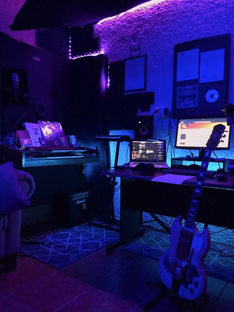 @shinyoficial's homestudio blue purpe neon light aesthetic music guitar studio recording Music Studios Aesthetic, Neon Recording Studio, Producing Studio Aesthetic, Guitar Recording Studio, Neon Music Studio, Aesthetic Recording Studio, Music Production Studio Aesthetic, Music Recording Aesthetic, Music Life Aesthetic