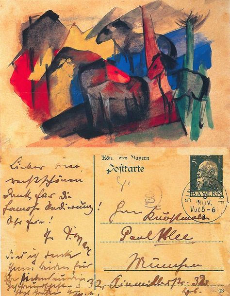 Three Horses, Blue Rider, August Macke, Franz Marc, German Expressionism, Envelope Art, Artist Sketchbook, Expressionist Art, Postcard Art