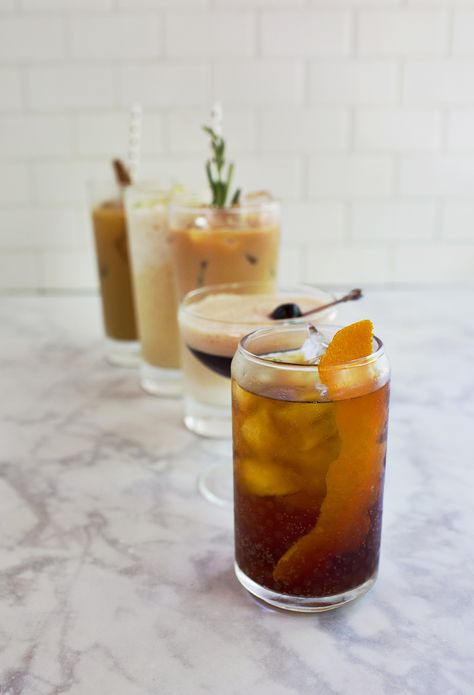 5 Simple Iced Coffee recipies Ginger Coffee Recipe, Cold Brew Mocktail, Coffee And Drink Bar Ideas, Cold Brew Coffee Flavors, Infused Cold Brew, Coffee Mocktail Recipe, Cold Brew Bar, Cold Brew Coffee Recipe Flavored, Cold Brew Coffee Cocktails