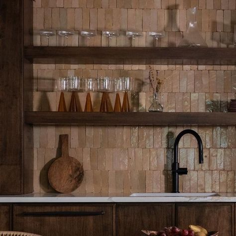 Zia Tile on Instagram: "(Glazed) Earth tones abound in this warm-hued kitchen from @goldenrodstudioshome Seen here: Glazed Earth 2x6 zellige in the kitchen and (image two) shower niche. 📸 by @kaelydemarest" Zellige Tile Kitchen, Earth Tone Kitchen, Earth Tones Kitchen, Zia Tile, Shower Niche, Zellige Tile, November 9, Kitchen Reno, Kitchen Tiles