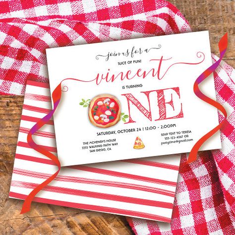 Pizza Party 1st Birthday Modern for $2.85 - Birthday Invitations Slice Of Fun Turning One, Italian 1st Birthday Party, 1st Birthday Pizza Theme, Pizza 1st Birthday Party, First Birthday Pizza Party Theme, Italian First Birthday Party, Birthday Theme Ideas For Kids, Pizza Themed 1st Birthday Party, Pizza First Birthday Party