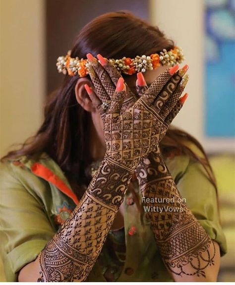 Bridal henna inspiration | Bridal mehendi | Henna design ideas for Brides | Henna tattoos | Henna Stain | henna artist | Back hands  henna designs | Bridal photoshoot | Wedding Photography | Mehendi outfit ideas | Mehendi designs | Henna design ideas for Brides | Orange nails | Credits: Babal Productions | Featured on WittyVows | #mehendi #henna #hennatattoo #hennaart #hennaartist #mehendidesigns #inspirational #ideas Mehendi Photography Bridal, Bridal Mehendi Designs Wedding, Mehendi Photography, Indian Bride Photography Poses, Bride Photos Poses, New Bridal Mehndi Designs, Mehendi Outfits, Mehndi Ceremony, Bridal Photography Poses