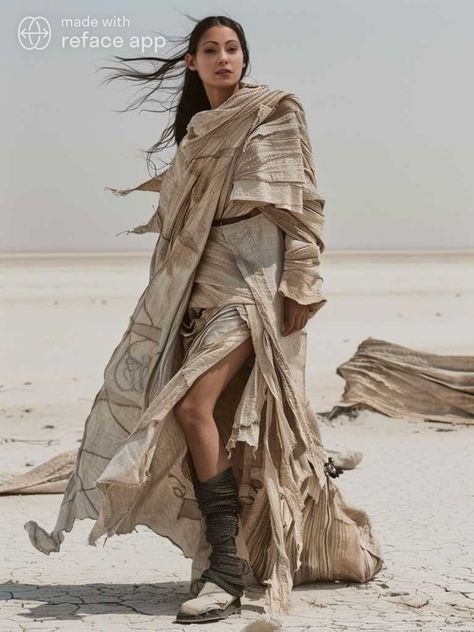 Desert Attire Women, Dystopian Fashion Character Inspiration, Desert Outfit Aesthetic, Desert Cyberpunk, Desert Outfit Fantasy, Dune Costumes, Desert Clothes, Dystopian Aesthetic Clothes, Dune Fashion