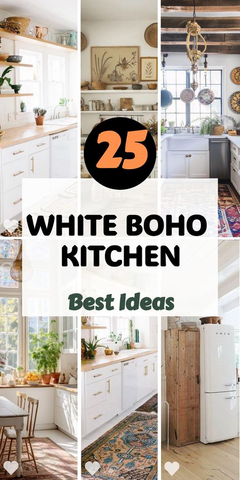 Explore the charm of a white boho kitchen with our top 25 stunning designs. These kitchens highlight the beauty of combining modern furniture, such as chairs and barstools, with boho elements. Discover ideas for cabinets that offer ample storage and aesthetic appeal. A well-designed backsplash with unique patterns can be the focal point of your kitchen. Embrace the elegance of a white boho kitchen and transform your space into a cozy and inviting haven for family and friends. Modern Boho Kitchen Ideas, Bohemian Houses, Modern Boho Kitchen, Small Space Inspiration, Boho Kitchen Ideas, Modern Fixtures, Boho Kitchen Decor, Grey Kitchen Designs, Boho Chique