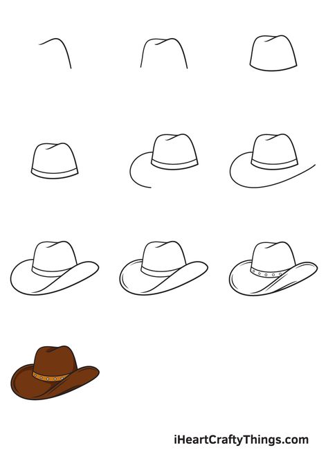 How to Draw a Cowboy Hat — Step by Step Guide Step By Step Cowboy Hat Drawing, How To Draw A Horse Shoe, Drawing A Cowboy Hat, Cowgirl Boot Drawing Easy, Easy Cowboy Hat Painting, Cowgirl Hat Drawing Easy, Cute Easy Western Drawings, Cow Boy Hat Sketch, Country Things To Draw Easy