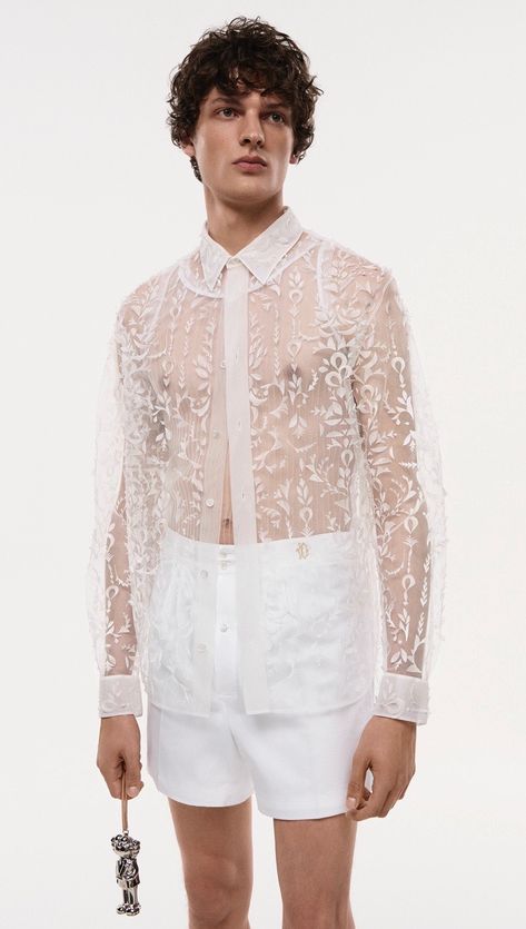 Lace Male Outfit, Organza Shirt Men, Cancun Fashion, Dior Editorial, White Lace Shirt, Lace Long Sleeve Shirt, Dior Men, Organza Shirt, Kim Jones