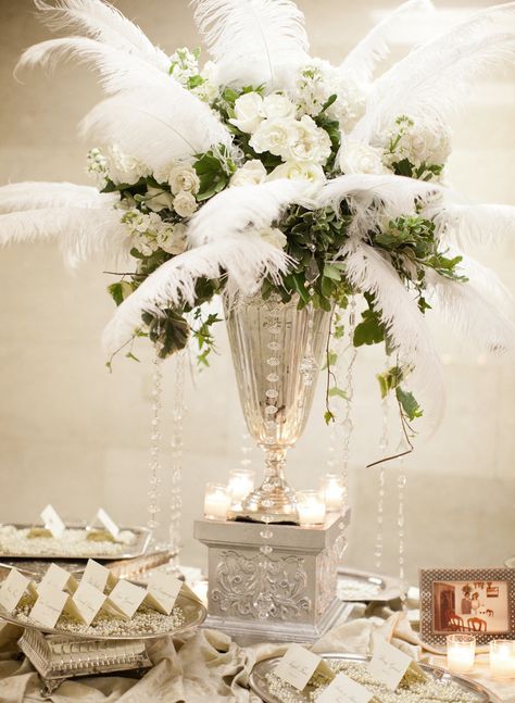 Art Deco Wedding Flowers, Art Deco Wedding Centerpieces, Art Deco Centerpiece, Art Deco Wedding Theme, 20s Wedding, Feather Centerpieces, Grand Ballroom, 1920s Wedding, Ice Buckets