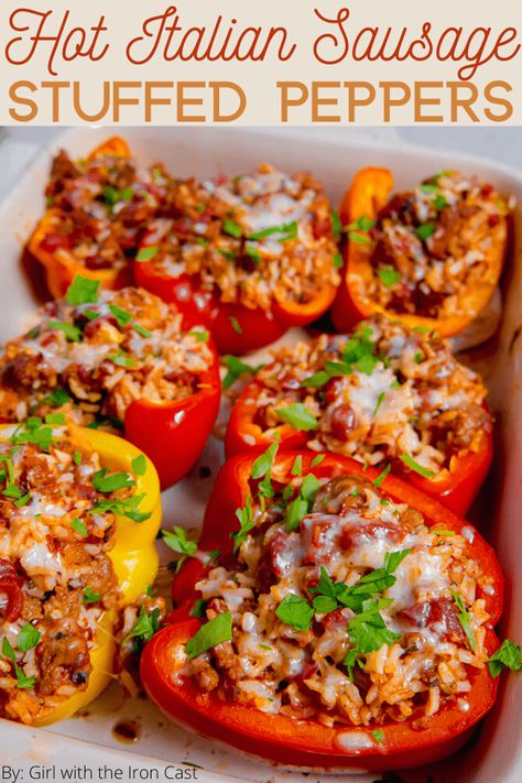 Healthy Hot Italian Sausage Recipes, Summer Stuffed Peppers, Stuffed Bell Peppers Sausage Cream Cheese, Hot Sausage Stuffed Peppers, Hot Ground Sausage Recipes Dinners, Pork Sausage Stuffed Peppers, Italian Sausage Meat Recipes, Spicy Stuffed Peppers, Italian Hot Sausage Recipes Dinners