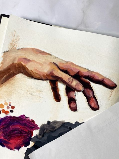 A painting of a hand in a sketchbook Old Hands Painting, Hand Reference Painting, How To Paint A Hand Acrylic, Aesthetic Hand Painting, Hand Painting Reference, Oil Paint Hands, How To Paint A Hand, Hands Painting Aesthetic, Abstract Hand Art