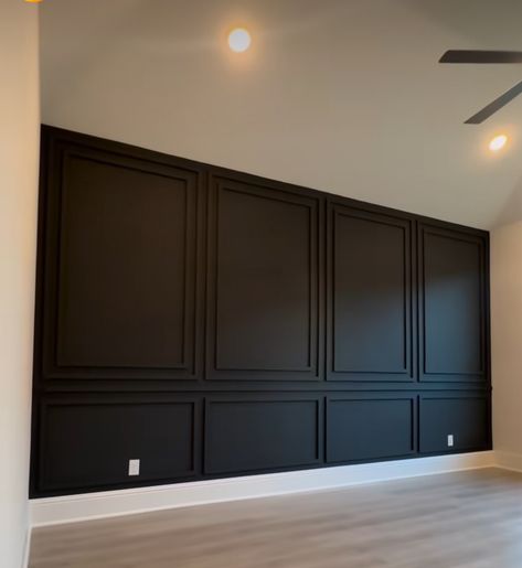 Black Wainscoting White Trim, Wall Molding Black, Black Walls White Doors, Black Wall Wainscoting, White Paneling Walls Hallways, Paint Paneling Walls Black, Black Painted Wood Paneling, Black Box Trim Wall, Paneling On Vaulted Ceiling