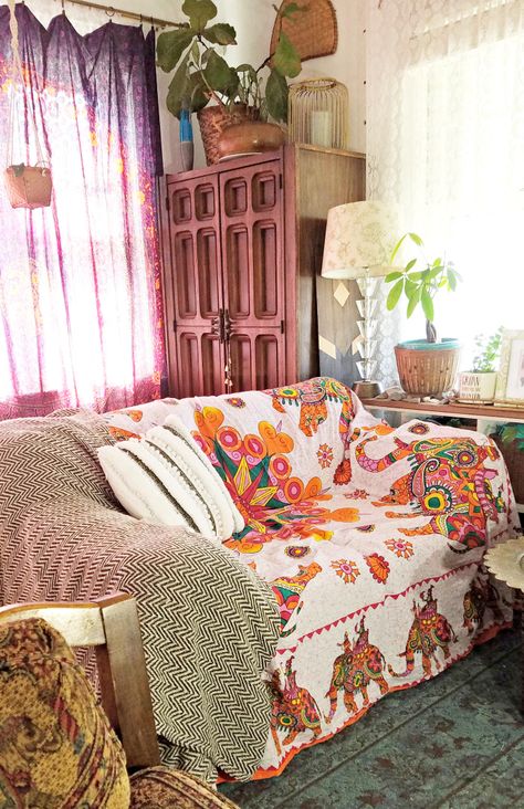 colorful boho elephant tapestry covered light denim wash of old hand me down sofa made cozy with a chevron cotton throw and a DIY handira inspired pillow Bohemian Sofa Cover, Couch Covered In Blankets, Boho Sofa Cover, Floral Couch Decor, Boho Sofa Couch, Sofa Blanket Decor, Boho Couch Cover, Mumbai House, Sofa Sala