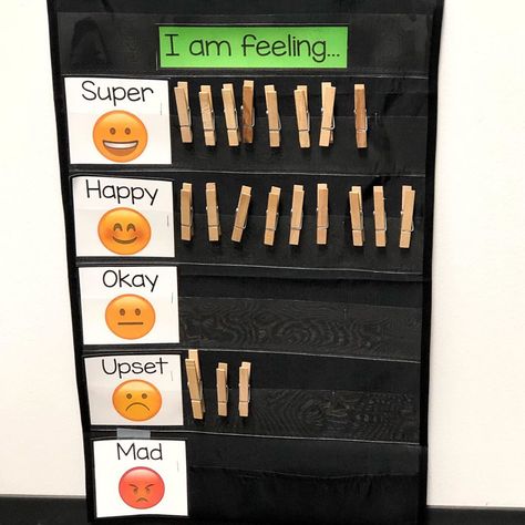 Amanda on Instagram: “Feelings check in chart ✨ every morning students use their numbered clothespin to show how they’re feeling. The students flip their…” Student Check In Board, Social Activities For Kindergarten, Feeling Chart Preschool, Preschool Feelings Chart, How Are You Feeling Today Chart, Feelings Check In Classroom, Morning Check In For Students, Feelings Board, Feelings Preschool