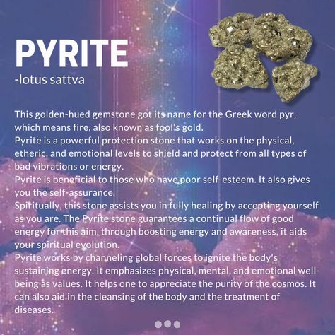 Also knows as fool's gold Because it ignites when struck against metal or another hard surface, pyrite gets its name from the Greek word pyr, which means fire. For benefits please read the post ✨ @lotusattva 🪷 (insta) #lotusattva #pyrite #foolsgold #crystallove #crystalbenefits #mineralcollecting #spiritualcrystals #crystalvibrations #crystalhealer Spiritual Care, Fool’s Gold, Crystal Healer, Spiritual Crystals, Crystal Therapy, Fool Gold, Mineral Collection, Greek Words, Hard Surface