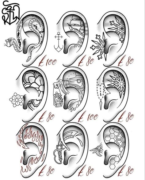 Small Cute Tattoo Designs, Fantasia Tattoo Ideas, Traditional Ear Tattoo, Pattern Neck Tattoo, Mens Ear Tattoo, Small Head Tattoo, Viking Face Tattoo, Tattoo Body Template, Viking Ear Tattoo