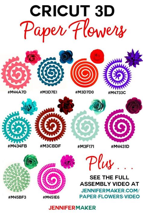 Cricut Paper Flowers - All 10 flowers with cut shape, finished flower, and Design Space codes! #cricut #paperflowers #papercraft #cricutdesignspace #cricutmade Felt Flower Template, 3d Paper Flowers, Rolled Paper Flowers, Idee Cricut, Flower Shadow Box, Paper Flowers Craft, Paper Flower Tutorial, Cricut Craft Room, Diy Cricut