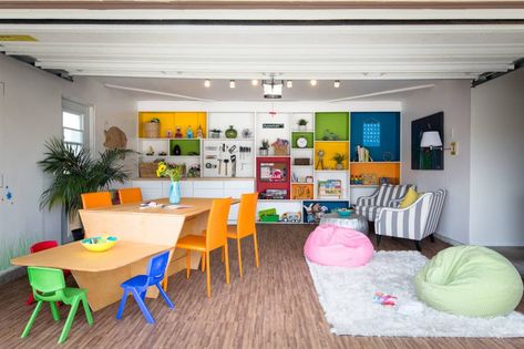 10 Cost-Effective Garage Conversion Ideas | Fifi McGee Garage School Room, Garage Classroom Ideas, Daycare In Garage Ideas, Turn Garage Into Playroom, Playroom In Garage, Garage Daycare Conversion, Garage Into Playroom, Homeschool Furniture, Garage Playroom Ideas