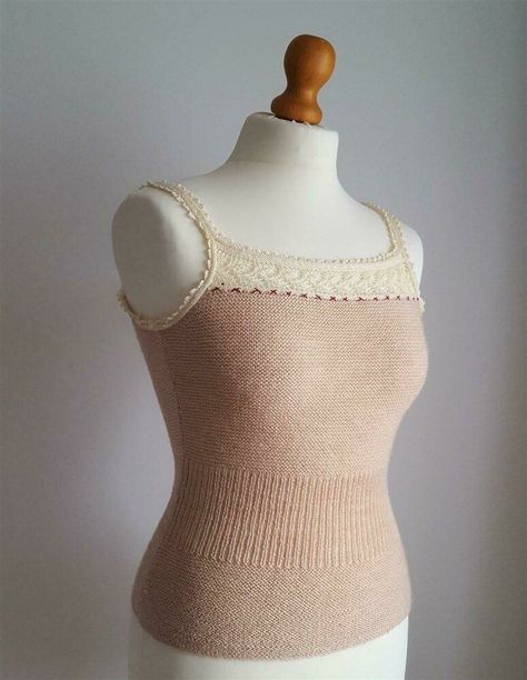 Lace-edged camisole knitting pattern by JENNIE ATKINSON Knitted Bags Pattern, Cottage Core Knitting Patterns, Vintage Knit Patterns, Knit Camisole Pattern, Cotton Knitting Patterns, Camisole Knitting Pattern, Knitted Top Pattern, Victorian Knitting, Cotton Top Patterns