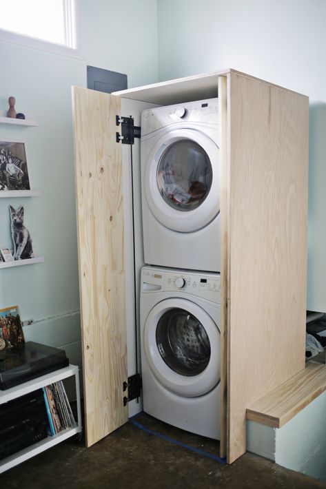 Hidden Washer and Dryer Cabinet - A Beautiful Mess Washer Dryer Closet, Dryer Cabinet, Washer Dryer Kitchen, Outdoor Laundry Rooms, Ikea Laundry, Portable Washer And Dryer, Happy Hollow, Kitchen Ikea, Stackable Washer And Dryer