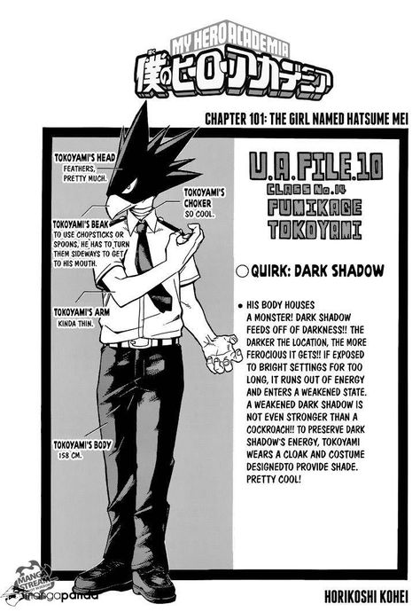 Tokoyami Fumikage’s character sheet from the Boku no Hero Academia Manga (Ch 101) Tokoyami Boku No Hero, My Hero Academia Bakugou, Bakugo Katsuki, Class 1 A, Hero 3, Character Profile, Hero Costumes, Anime Baby, Character Sheet