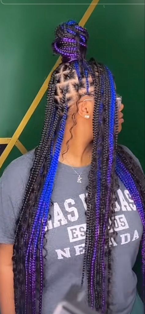 Pink A Boo Braids, Pink Blue And Black Knotless Braids, Back To School Hairstyles Braids With Color, Purple Peekaboo Goddess Braids, Ombre Peekaboo Braids, Blue Peekaboo Hair Braids, Boho Knotless Braids With Color Blue, Royal Blue Knotless Braids, Fruity Pebble Braids