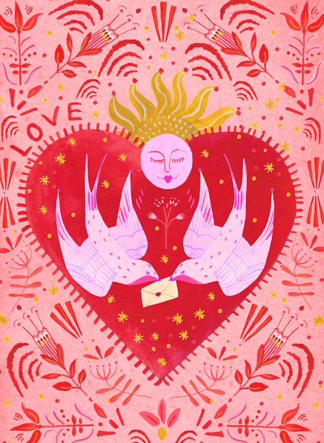 Folk Art Valentines, Love Bird Illustration, Valentines Illustration Art, Self Love Illustration Art, Valentines Day Art Illustration, Valentine's Illustration, Valentines Artwork, Love Birds Illustration, Images Of Love