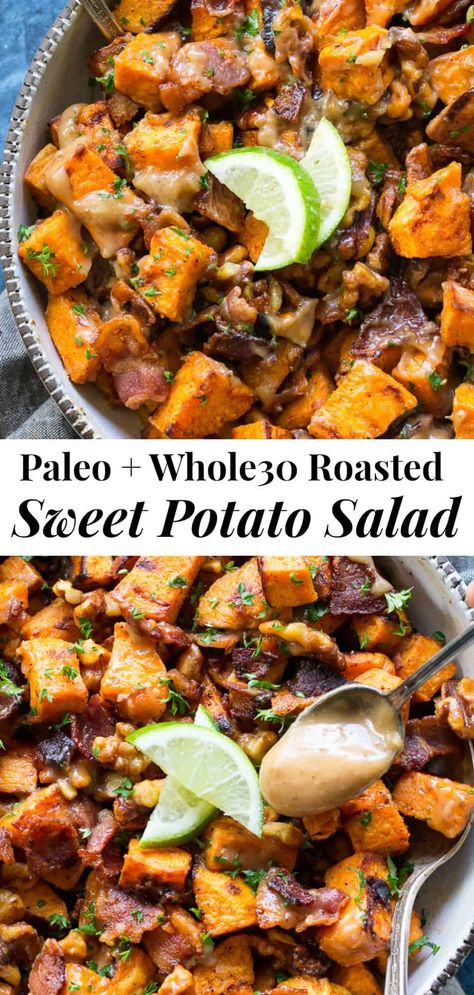 This roasted sweet potato salad is packed with crispy bacon and toasted walnuts, then tossed in a date-sweetened lime vinaigrette.  Paleo and Whole30 friendly, dairy free and easy to make, it's the perfect healthy sweet and savory side dish for your picnic, barbecue, or everyday meal. #whole30 #paleo #sweetpotatoes #cleaneating #bacon Paleo Side Dishes Vegetables, Sweet Potato Potato Salad, Paleo Sides Dishes, Sweet Potato Whole 30, Paleo Potato Salad, Sweet Potato Paleo, Roasted Sweet Potato Salad, Potato Salad With Bacon, Sweet Potato Bacon