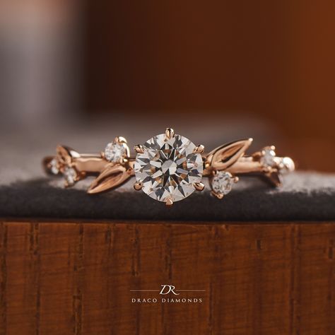 Flower Themed Engagement Rings, Diamond Flower Ring Engagement, Engagement Rings Leaves Vines, Leaf Design Engagement Ring, Asian Engagement Ring, Flower Engagement Ring Floral Design, Engagement Rings With Leaves, Round Brilliant Engagement Rings, Engagement Rings Floral