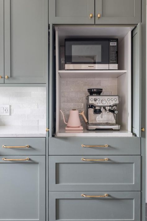 A Dramatic Kitchen Design Updates a Historic Home With Fresh, Contemporary Details | HGTV Tea Coffee Station Kitchen, Hidden Microwave, Dramatic Kitchen, Espresso Machine Kitchen, Home Coffee Station, Breville Espresso Machine, Coffee Machine Kitchen, Breville Espresso, Retro Style Kitchen