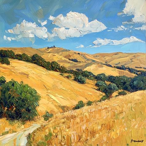 This exquisite oil painting of the California Golden Hills, created by Susan Page, captures the breathtaking beauty of the landscape with its rich, golden hues. The vibrant colors evoke the warmth of the California sun, highlighting the rolling hills and creating a sense of serenity and charm. The artist's masterful brushwork adds depth and texture, making the scene come alive. This beautiful piece is perfect for decorating your space, infusing it with a touch of color and the tranquil essence o American Landscape Painting, Farmland Painting, Western Landscape Art, Golden Landscape, California Painting, California Hills, Large Landscape Painting, Colorful Landscape Paintings, Western Landscape