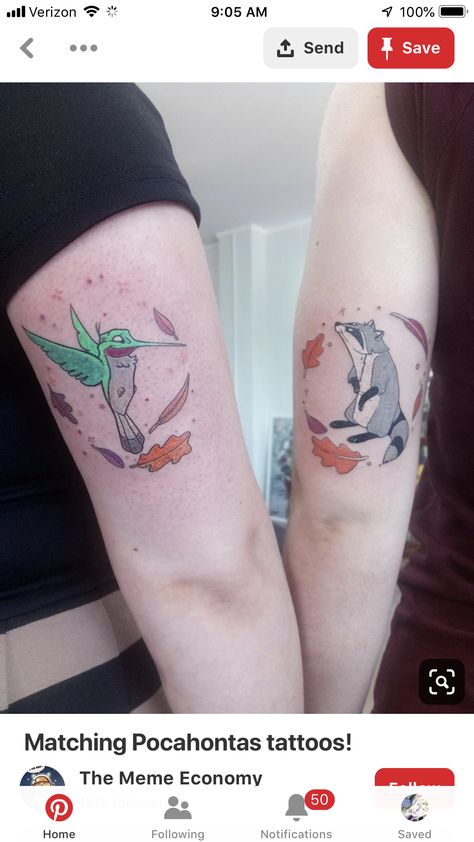 Disney Duo Tattoos, Matching Disney Tattoos For Best Friends, Best Friend Disney Tattoos, Disney Best Friend Tattoos, Pocahontas Tattoos, Pocahontas Tattoo Ideas, Disney Matching Tattoos, Disney Tattoos Pocahontas, Disney Sister Tattoos