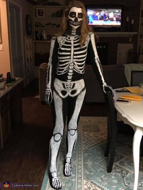 Brea: I am wearing this homemade skeleton costume. A couple weeks before halloween I saw a commercial of a cool skeleton costume. I thought about buying one but then I wanted... Skeleton Female Costume, Skeleton Crew Costume, How To Make A Skeleton Costume, Creative Skeleton Costume, Skelton Customes Diy, Unique Skeleton Costume, Homemade Skeleton Costume, Homemade Skeleton Costume Diy, Diy Skeleton Costume Kids