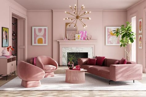 16 Monochromatic Rooms: Easy Ways to Achieve Monochromatic Interior Design | Wayfair Monochromatic Interior Design, Mauve Walls, Monochromatic Interior, Monochromatic Room, Neutral Furniture, Living Room Patio, Pink Sofa, Monochromatic Color Scheme, Table Color