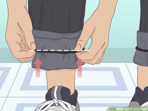 How to Tie Long Pants: 9 Steps (with Pictures) - wikiHow Roll Pants How To, Folding Long Pants Hacks, Cuffing Pants Hack, How To Roll Pants That Are Too Long, Joggers Too Long Hack, How To Roll Up Wide Leg Pants, How To Roll Up Pants, How To Fix Long Pants Hack, How To Roll Pants