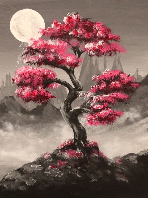 Monochrome Painting, Tree Painting Canvas, Moon Tree, Painting Trees, Pink Tree, Pink Trees, Sketches Simple, Tree Canvas, Tree Art