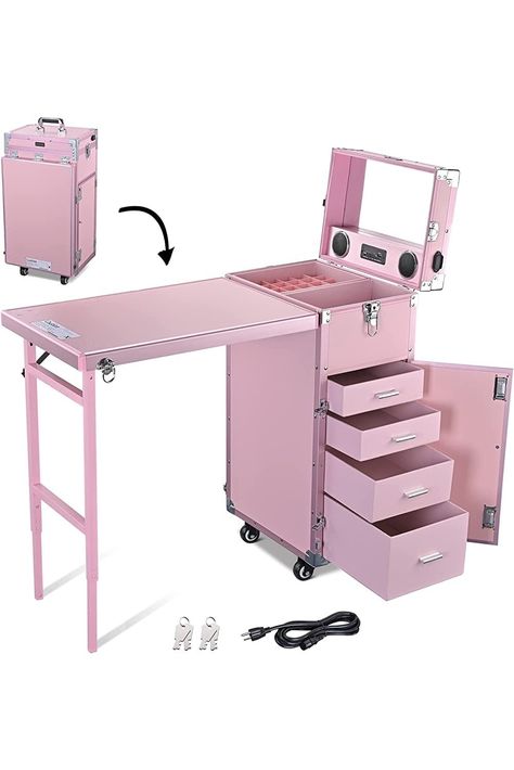 Rolling Manicure Table Nail Desk Makeup Train Case Travel Cosmetic Trolley for Technician Workstation Makeup Salon with 4 Lockable Drawers MirrorSpeakerADSpeakeradvertisementTravelManicureTable Cheap Nail Desk, Nail Manicure Table, Nail Salon Table And Chair, Folding Nail Table, Portable Nail Table, Foldable Nail Table, Mobile Nail Technician Set Up, Nail Room Ideas Salons Small Spaces Interior Design, Diy Manicure Table