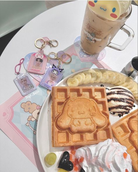 mochi waffles hongdae seoul south korea sweet cinnamoroll cafe cute food bts bangtan sonyeondan pcs sanrio Cinnamoroll Cafe, Mochi Waffles, Cinnamon Roll Waffles, Sweet Cafe, Kawaii Cooking, Hot Coco, Cute Cafe, Tasty Baking, Kawaii Food