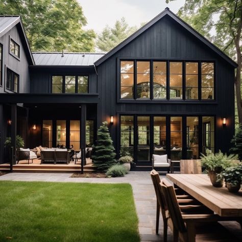 Modern Mountain Home Exterior Architecture, Black House With Wood Accents, Small Lake House Exterior, Modern Mountain House Exterior, Dark Farmhouse, Estate Interior, Country Lane, Barn Renovation, Dark House