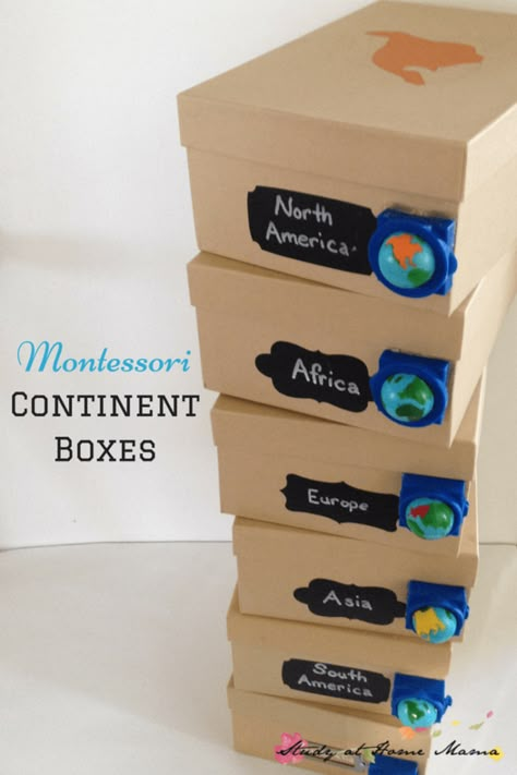 How to Make Montessori Continent Boxes, a fun hands-on learning component to a Montessori Geography curriculum - includes list of materials & tips! Study Geography, Continent Boxes, Study At Home, Montessori Geography, Geography For Kids, Geography Activities, Kindergarten Social Studies, Teaching Geography, Homeschool Social Studies