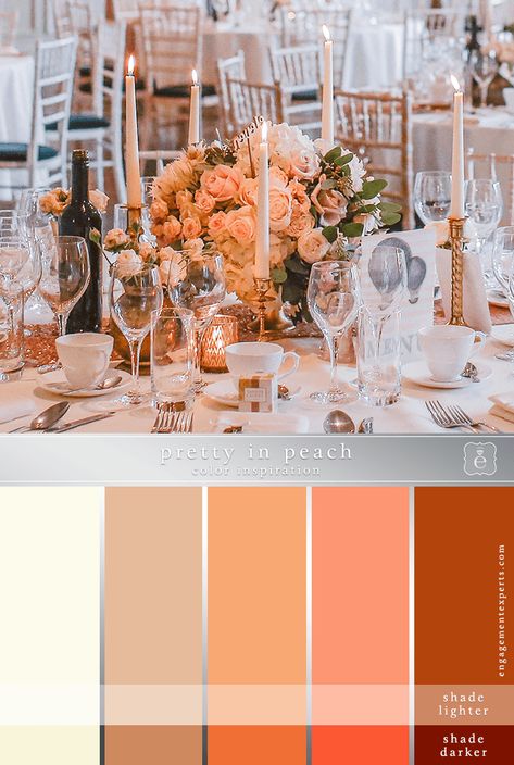 Call it peach, salmon, orange, or apricot.... A monochromatic color palette uses just one color in different shades or intensity and takes the guesswork out of choosing a color scheme. #weddingcolors #weddingcolorpalette #weddingcolorschemes Peach Orange Gold Wedding, Peach Wedding Theme Colour Palettes, Peach Orange Wedding Theme, Dark Peach Wedding Theme, Peach Themed Wedding Decor, Apricot Color Palette Colour Schemes, Terracotta And Peach Wedding Palette, Peach Shades Color Schemes, Salmon Wedding Theme