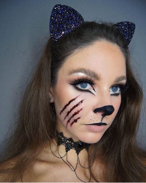 Scary Cat Face Paint, Cat Scratch Makeup, Zombie Cat Makeup, Scary Cat Halloween Makeup, Scary Cat Makeup Halloween, Halloween Black Cat Makeup, Claw Marks Makeup, Cat Woman Halloween Makeup, Cat Costume Hairstyles