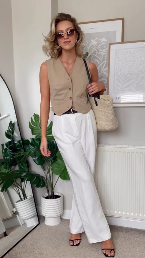 Neutral Vest Outfit, Summer Waistcoat Outfit, Buttoned Vest Outfit, Waistcoat Outfit Women Summer, Button Down Vest Outfits For Women, Button Vest Outfits For Women, Cream Waistcoat Outfit Women, Women’s Vest Top Outfit, Khaki Vest Outfit Women