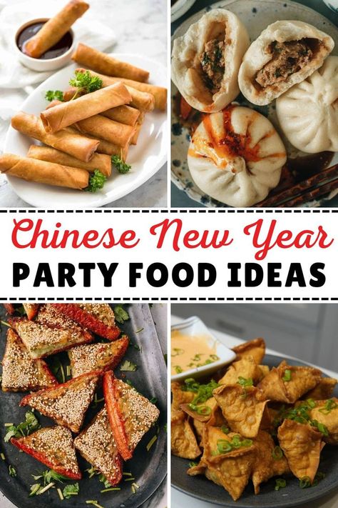 text "Chinese New Year Party Food ideas" and four photos of chinese foods New Year Party Food, Chinese New Year Dishes, Chinese Celebrations, Chinese New Year Food, Spooky Halloween Food, Chinese New Year Party, Festive Recipes, Chinese Cooking Recipes, Chinese Festival