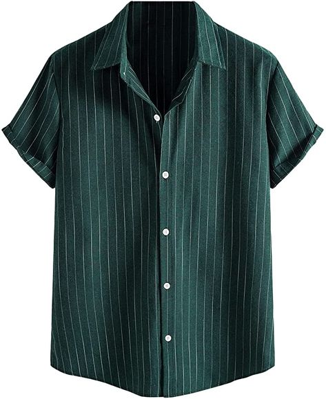 SOLY HUX Men's Striped Short Sleeve Shirt Casual Button Down Top Dark Green S at Amazon Men’s Clothing store Striped Short Sleeve Shirt, Sleeves Clothing, Mens Short Sleeve Shirt, Striped Short, Casual Stripes, Striped Sleeve, Casual Summer Shirts, Men Shirt Style, Mens Fashion Trends