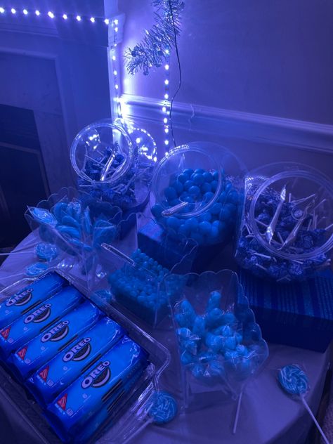 Sweet 16 Party Decorations Ideas Blue, All Blue Birthday Party, Blue And Silver Sweet 16 Decorations, Black And Blue Themed Birthday Party, Blue Disco Theme Party, Dark Blue Decorations Party, Blue Slumber Party, Blue Sleepover Party, 13 Shades Of Blue Party