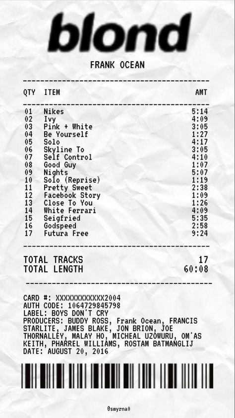 Frank Ocean Receipt, Frank Ocean Concert, Blond Frank Ocean, Frank Ocean Lyrics, Blonde Album, Frank Ocean Songs, Frank Ocean Album, Album Receipt, Tas Vintage