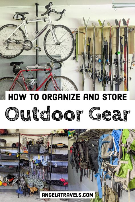 Garage Sports Gear Organization, Garage Gear Wall, Beach Gear Storage Garage, Organize Fishing Gear, Basement Gear Storage, Sports Gear Storage Garage, Bike And Ski Storage Garage, How To Store Camping Gear At Home, Camping Garage Storage