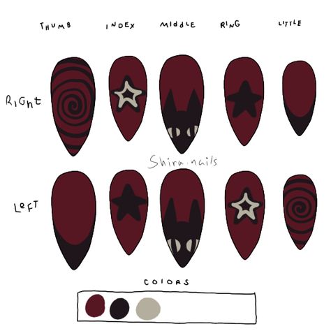 Nail Inspo Two Colors, Cool Nail Designs Coffin, Medium Goth Nails, Easy Gothic Nails, Gothic Nail Art Short, Nail Ideas Beginners, Tim Burton Inspired Nails, Cavetown Nails, Persona 5 Nails