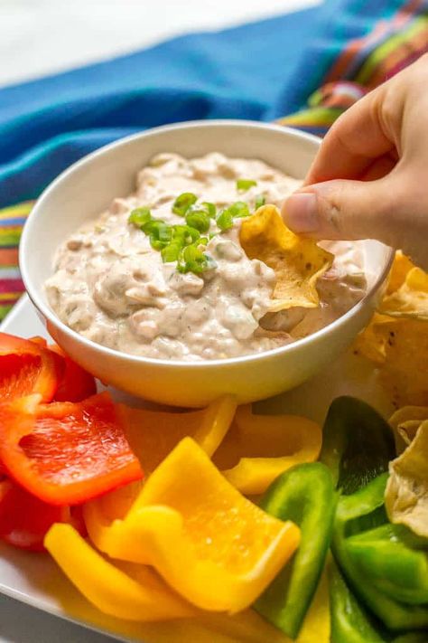 This cold chili cheese dip takes minutes to mix together and is delicious served with chips and veggies for an easy party or tailgating snack! It’s also gluten-free and vegetarian. | www.familyfoodonthetable.com Chili Con Queso Dip, Con Queso Dip, Chili Cheese Dip Recipes, Chili Cheese Dip, Cold Dip, Bruschetta Appetizer, Cold Dip Recipes, Healthy Summer Snacks, Cold Dips