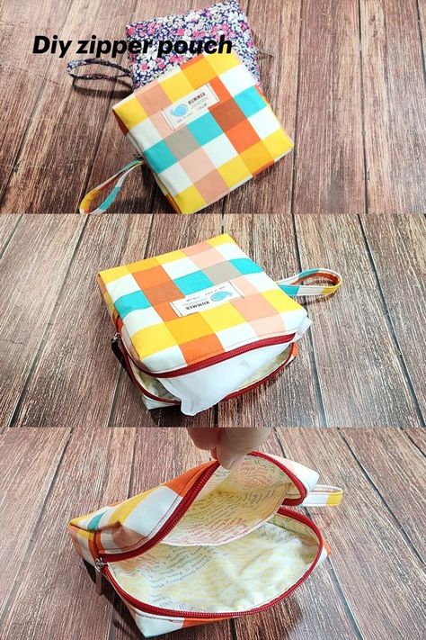 Square Zipper Pouch, Cosmetic Bags Diy, Diy Pouch No Zipper, Diy Sewing Gifts, Purse Sewing Patterns, Padded Pouch, Pouch Diy, Pouch Sewing, Small Zipper Pouch